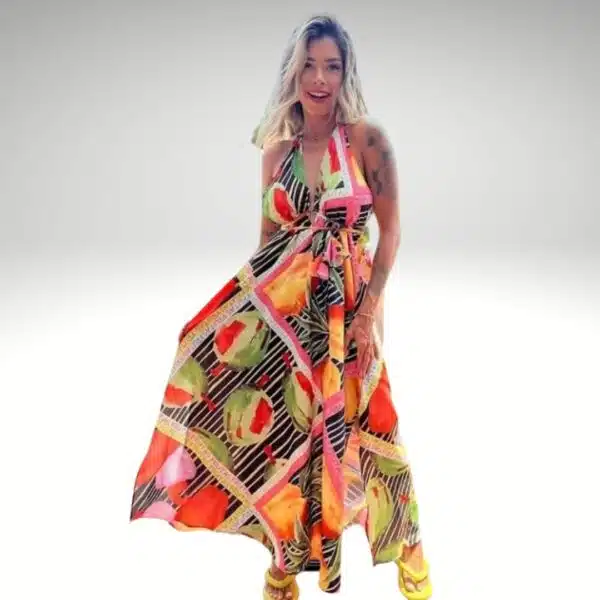 Vestido estampado longo frente única